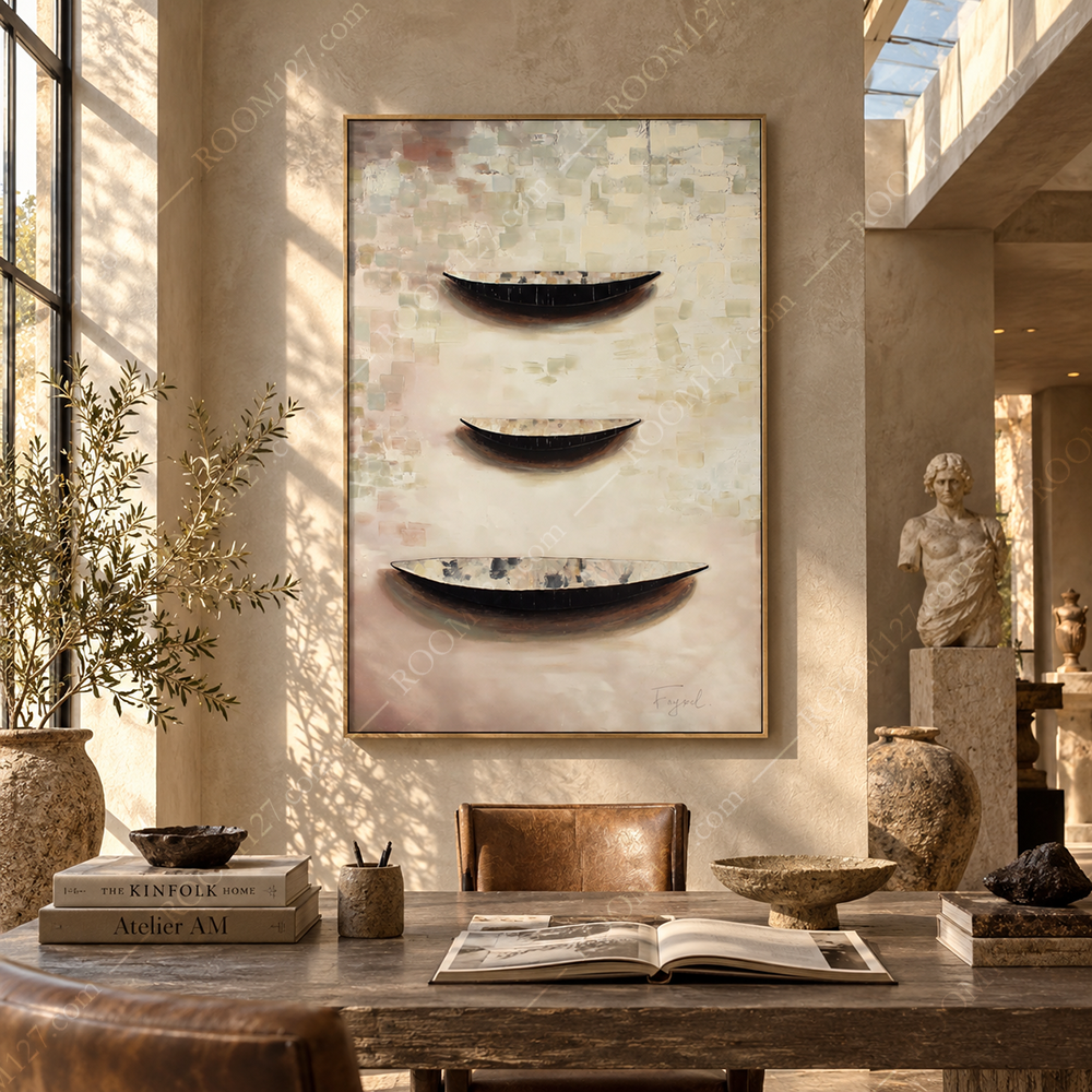 Wabi-sabi style thick-textured warm grey powder fog bottom three quietly moored small boats thick-textured hand-painted craft painting with a scraper is suitable for hotels and living rooms