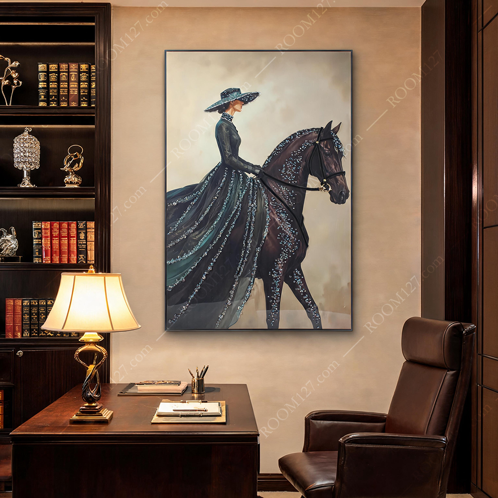 Rhinestone Wall Art, Luxury Lady in Gradient Dark-Green Gown on Diamond-Studded Brown Horse, Elegant Decor for Hotel & Study