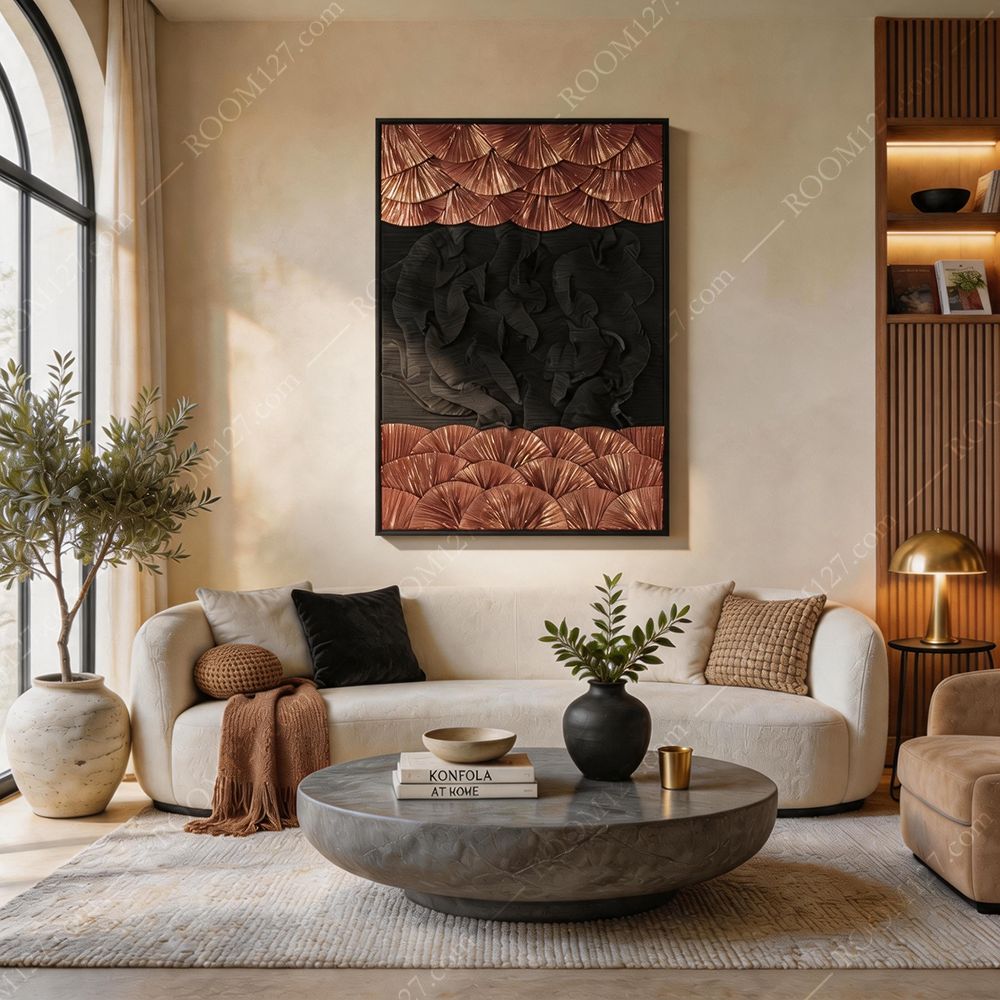 The light luxury Oriental vertical-red gilded upper and lower fan surface black soft cloud three-dimensional physical fabric decorative painting is suitable for hotels and living rooms