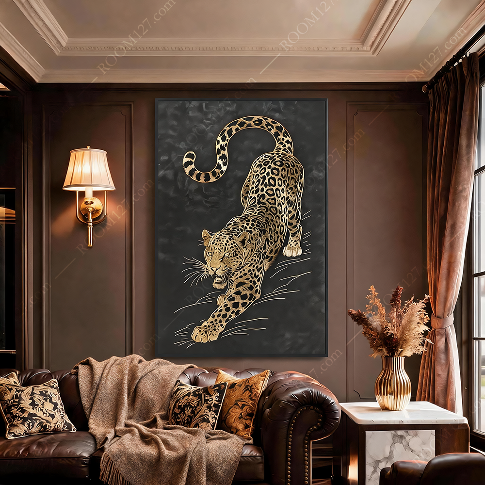 Modern light luxury style black gold gilt downhill Leopard semi-three-dimensional embroidery decorative painting is suitable for hotels and living rooms