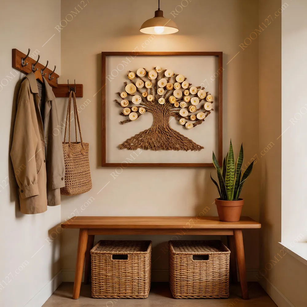 Modern wabi-sabi style hemp rope woven wood veneer flower life tree three-dimensional real object decorative painting is suitable for living room and study
