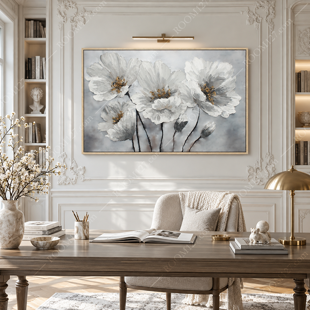 Modern light luxury thick-textured white poppy hand-painted oil painting with gilded flower stamens is suitable for hotels and study rooms