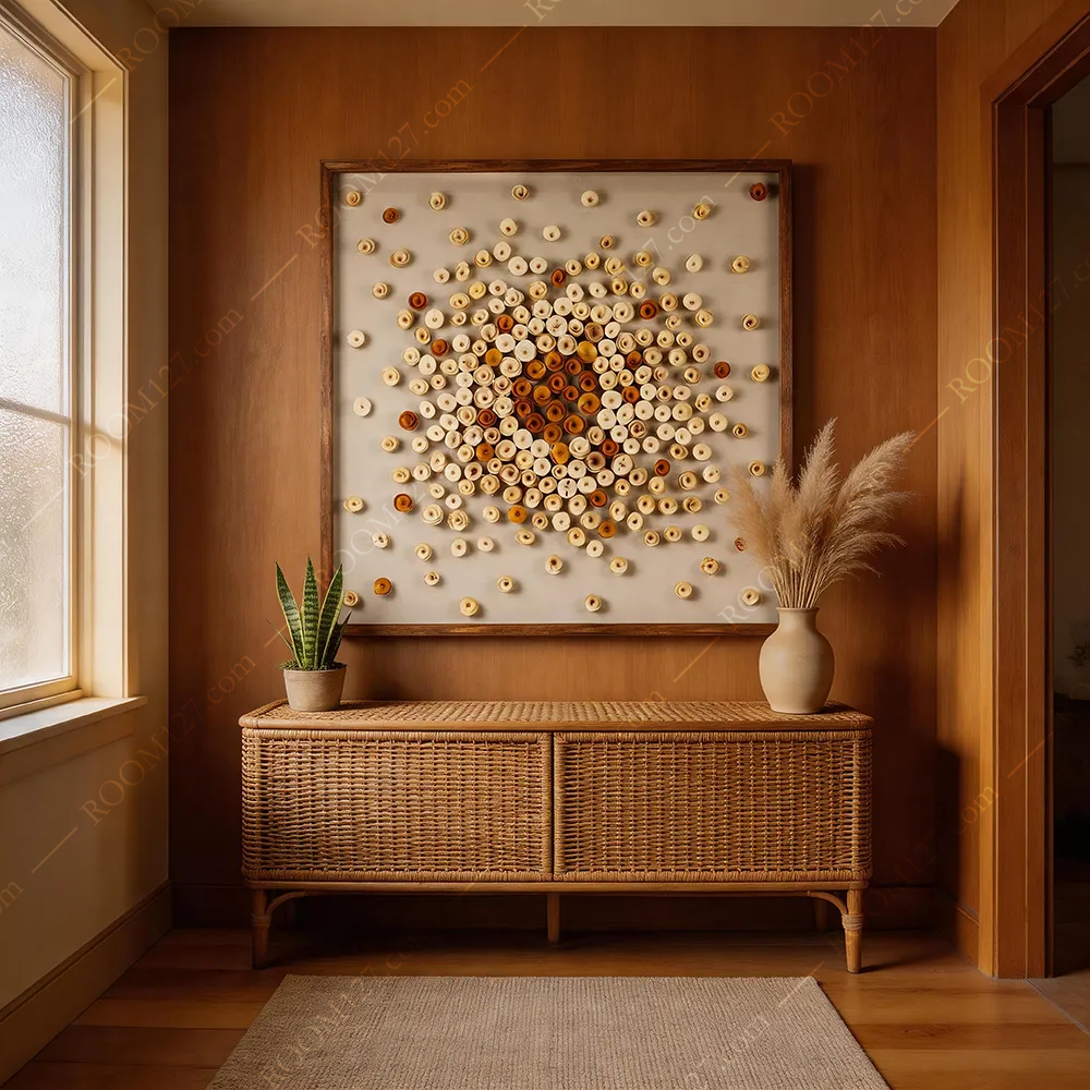 The central equal difference warm gradient light luxury style wooden roll square three-dimensional physical decorative painting is suitable for hotels and living rooms