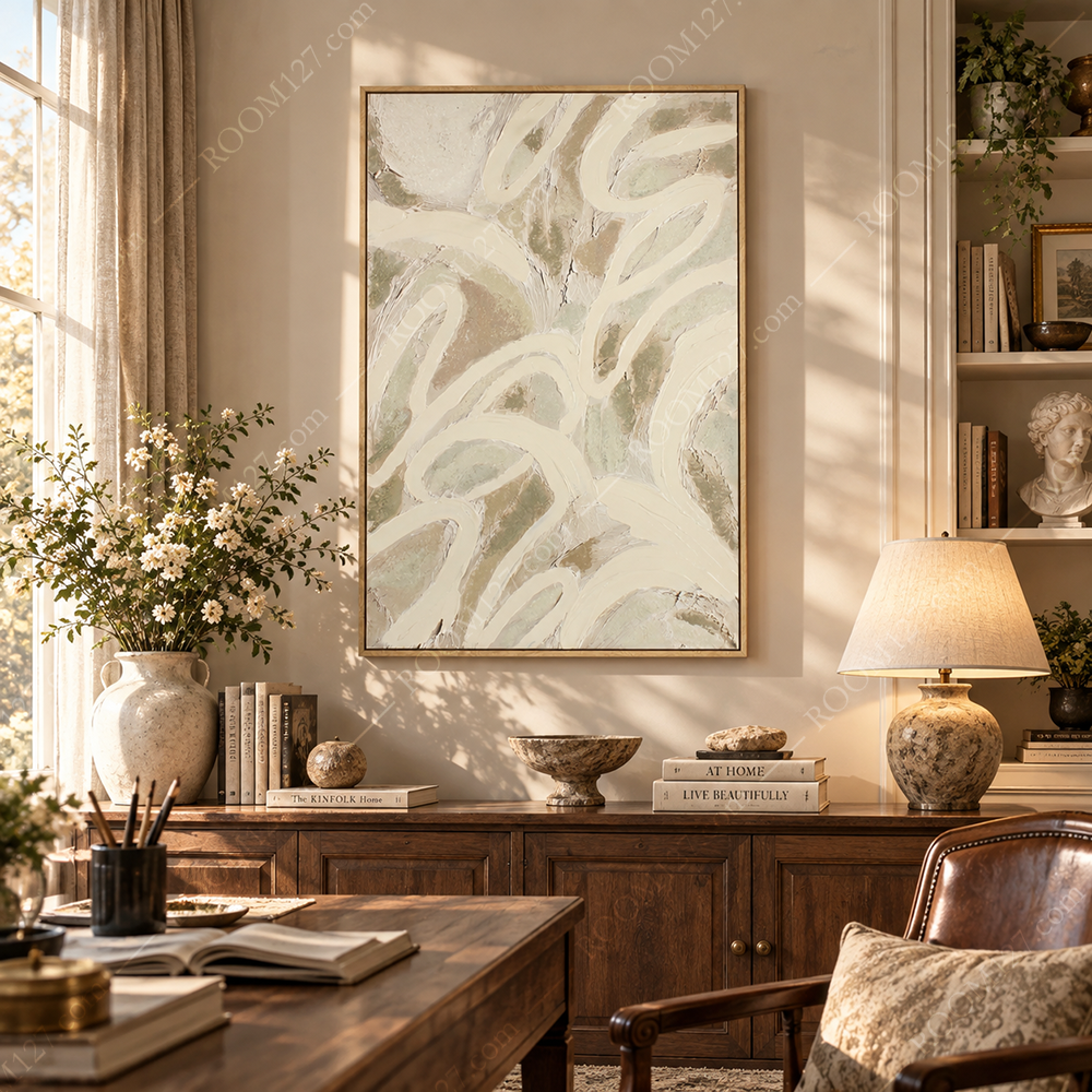 Cream green wabi-sabi style thick-textured hand-painted oil painting vertical art decorative painting, suitable for hotels & living rooms