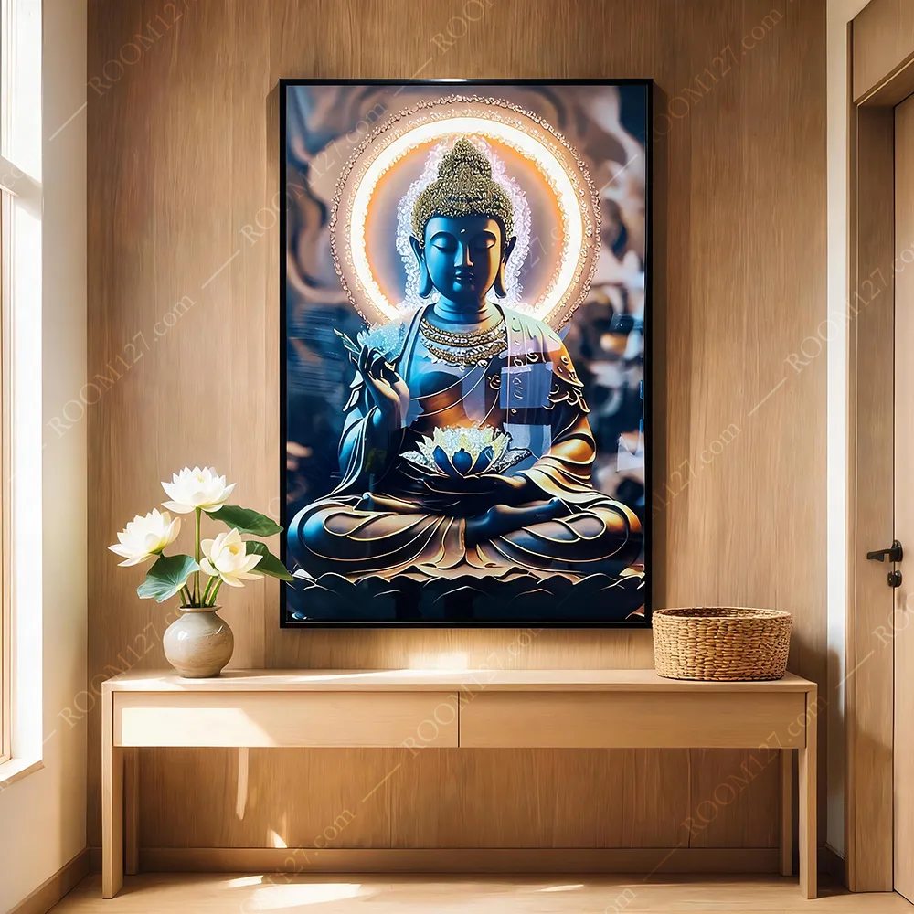 Semi-three-dimensional, diamond-encrusted, backlit, Zen-inspired Buddha vertical crystal diamond physical craftsmanship light luxury art decorative painting, suitable for hotels & living rooms