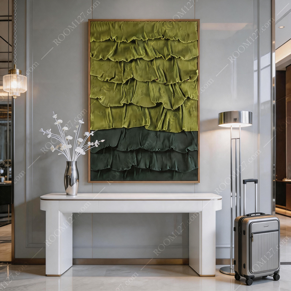 Wabi-sabi style natural forest-themed gradient green layered ruffled edge fabric three-dimensional object decorative painting is suitable for hotels and living rooms