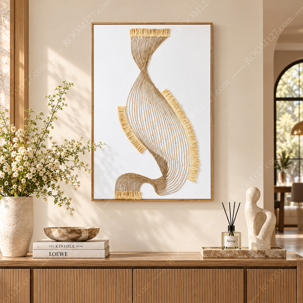 Wabi-sabi style original hemp rope twisted thread ribbon three-dimensional physical decorative painting is suitable for hotels and living rooms