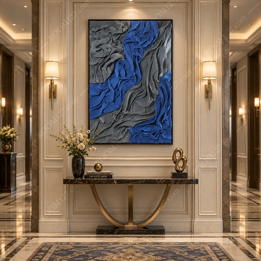 The Italian light luxury style Klein blue fabric pleated three-dimensional physical decorative painting is suitable for hotels and living rooms