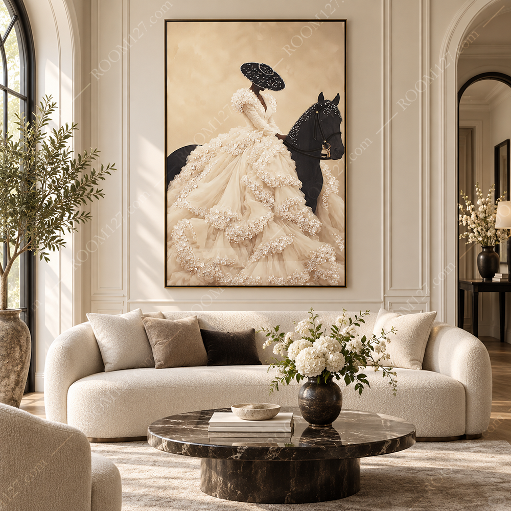 Luxury Rhinestone Wall Art, Lady in White Diamond Wedding Gown on Black Horse, Warm Misty Decor for Hotel & Living Room