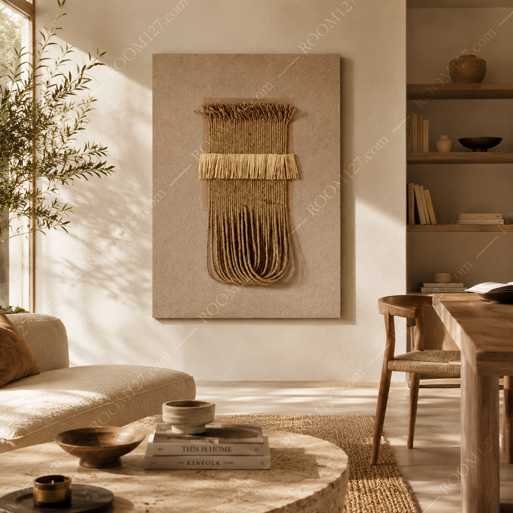 Wabi-sabi style vertical woven jute rope pendant three-dimensional physical decorative painting is suitable for hotels and entrance halls