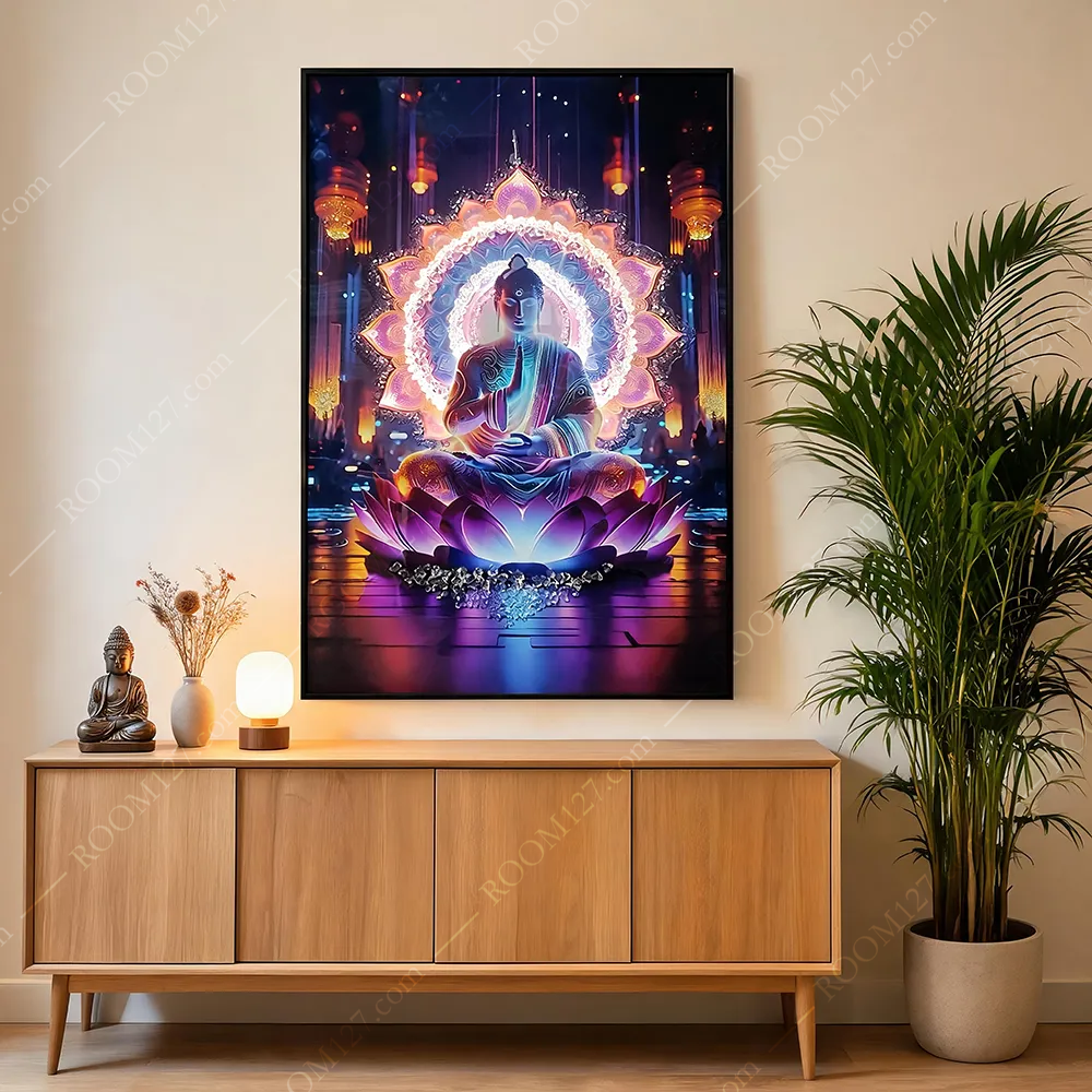 Cyber‑Dream Color‑Light Crystal Rhinestone 3D Buddha Wall Art, Semi‑Relief with Backlight, Vertical Luxury Zen Decor for Hotel & Living Room