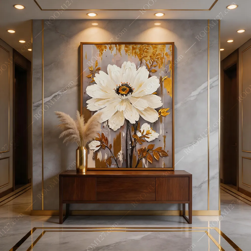 The semi-three-dimensional hand-painted gilded peony flower art decorative painting with a light luxury style is suitable for hotels and living rooms