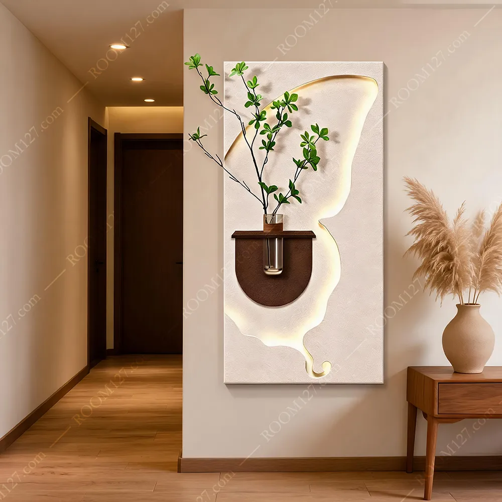 Flower arrangement and storage LED light painting, multi-functional three-dimensional vertical warm wabi-sabi style living room and entrance hall decorative painting