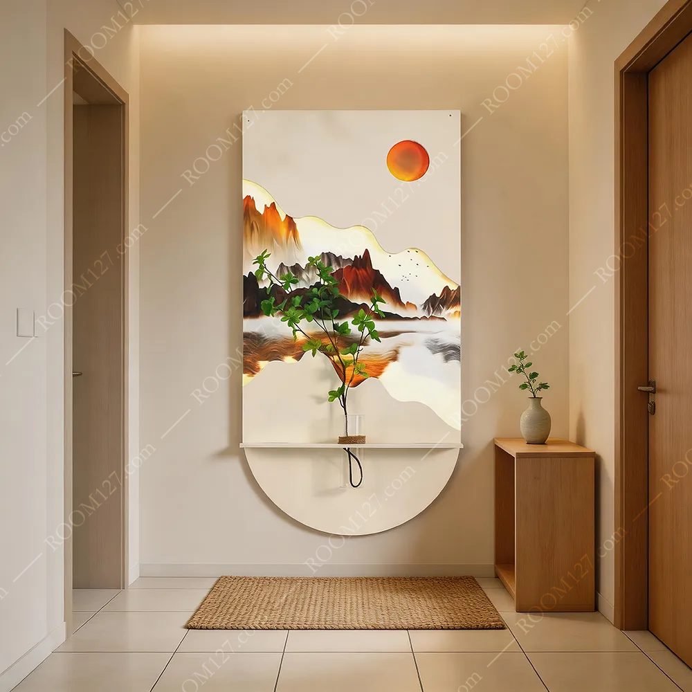 Semi‑3D Vertical Wall Art, New‑Chinese Freehand Landscape with Built‑in Backlit LED and Flower‑Insert Function, for Hotel & Entryway