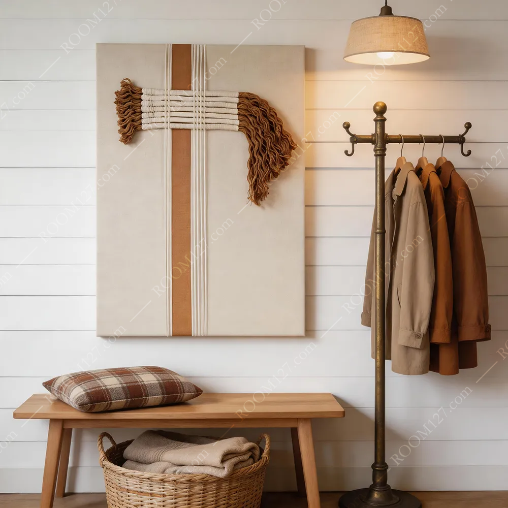 Warm brown longitudinal band asymmetrical wabi-sabi style Su low saturation original fabric three-dimensional physical decorative painting is suitable for hotels and study rooms
