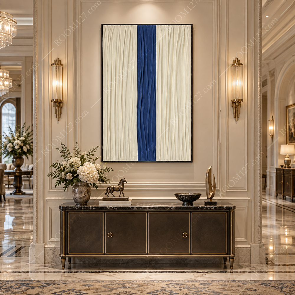 Modern minimalist Klein blue vertical striped fabric pleated wabi-sabi style three-dimensional object decorative painting is suitable for hotels and living rooms
