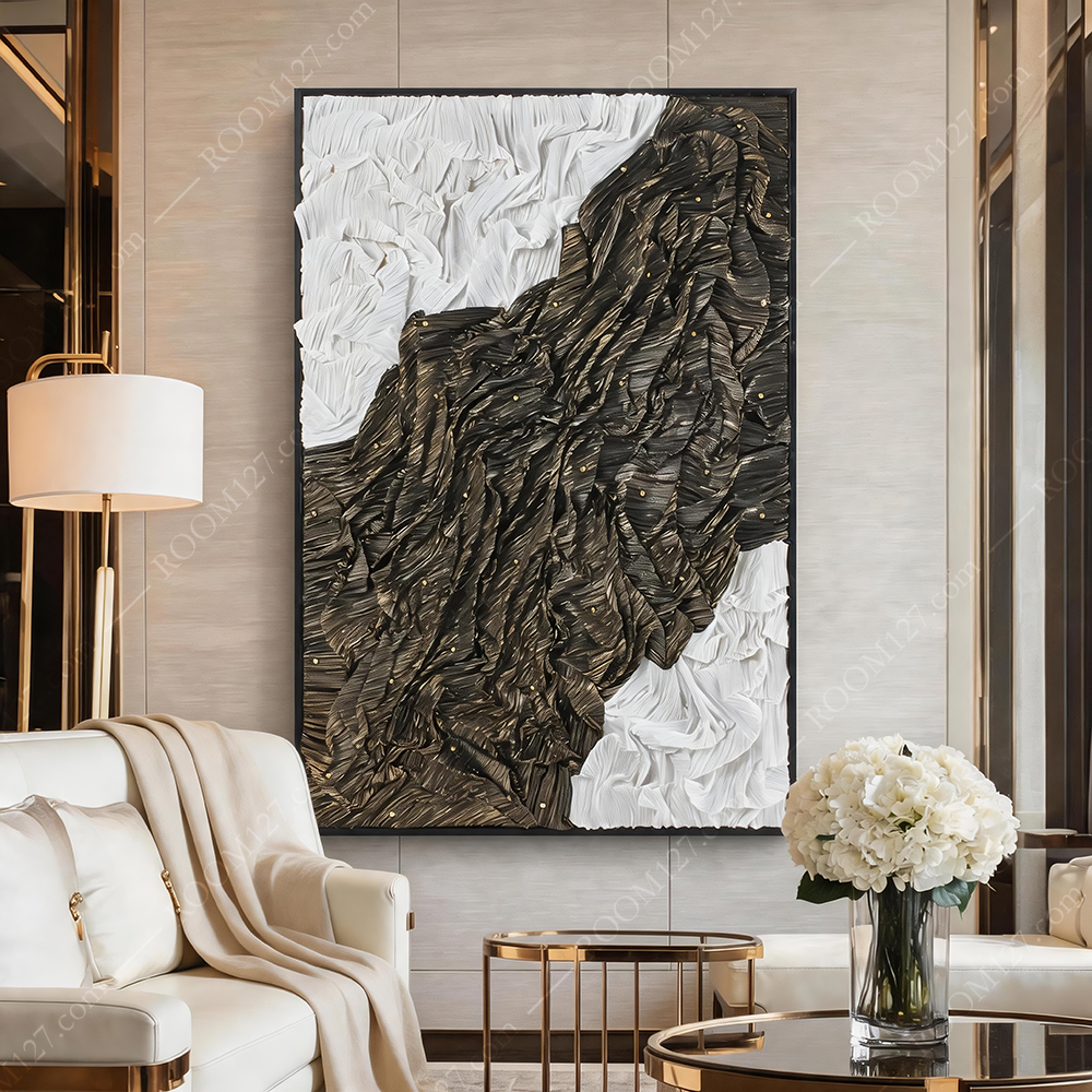 Modern light luxury black and white pleated texture gold nail three-dimensional fabric physical decorative painting is suitable for hotels and living rooms