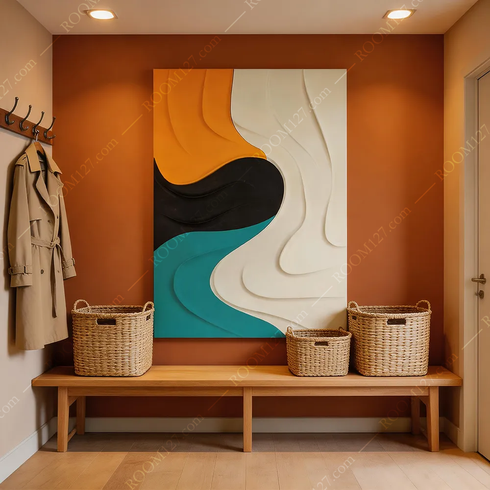 The semi-three-dimensional gypsum texture abstract decorative painting with isometric layering and smooth wave carving is suitable for hotels and bedrooms